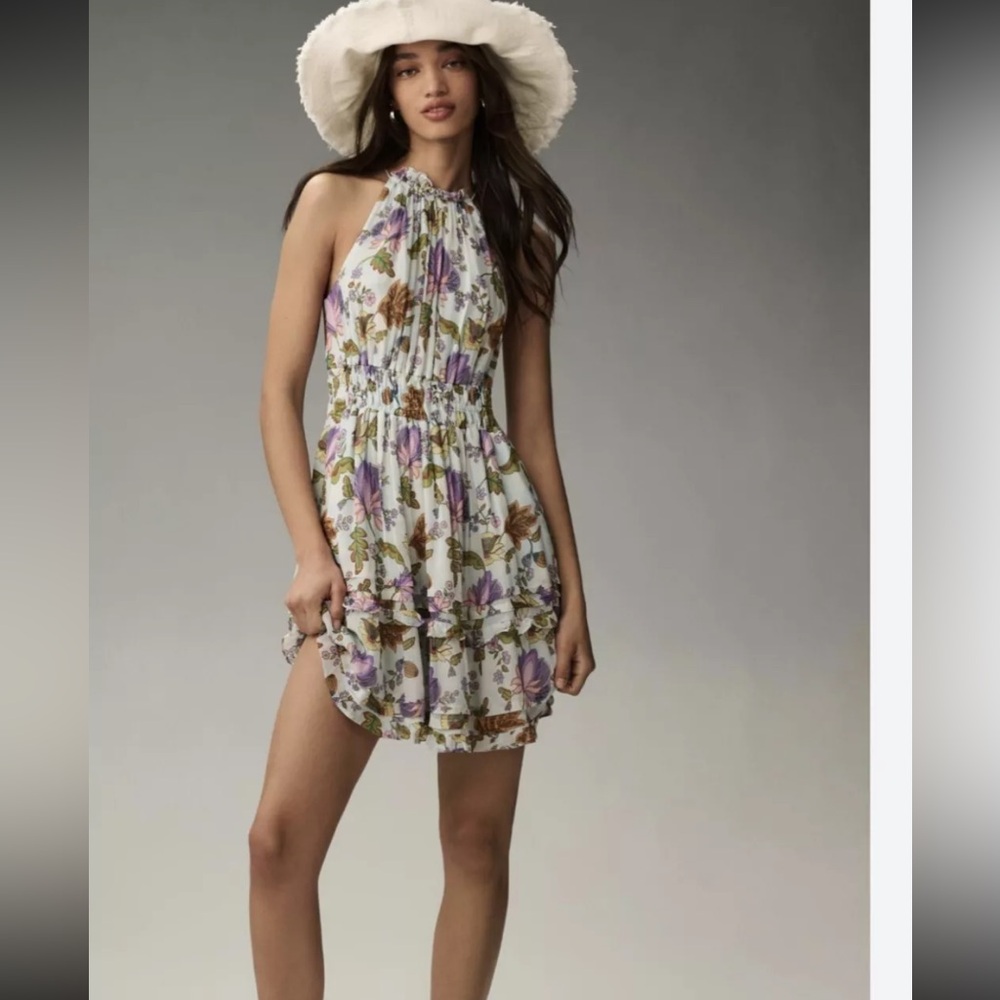 Anthropologie Somerset Halter Mini Dress Floral Tied Neckline Tiered Size XS